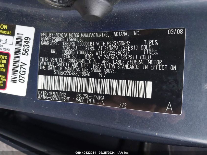 5TDBK22C48S018046 2008 Toyota Sienna Xle