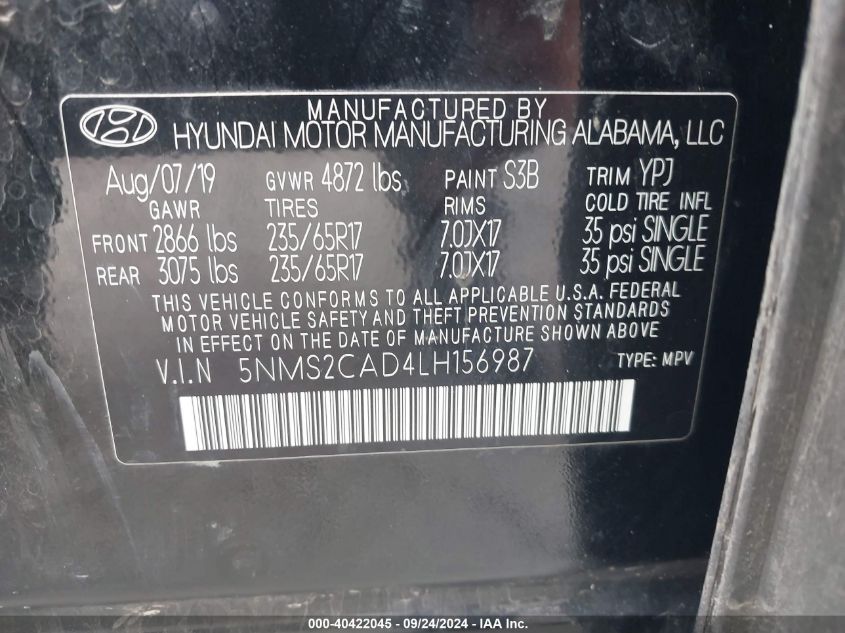 5NMS2CAD4LH156987 2020 Hyundai Santa Fe Se