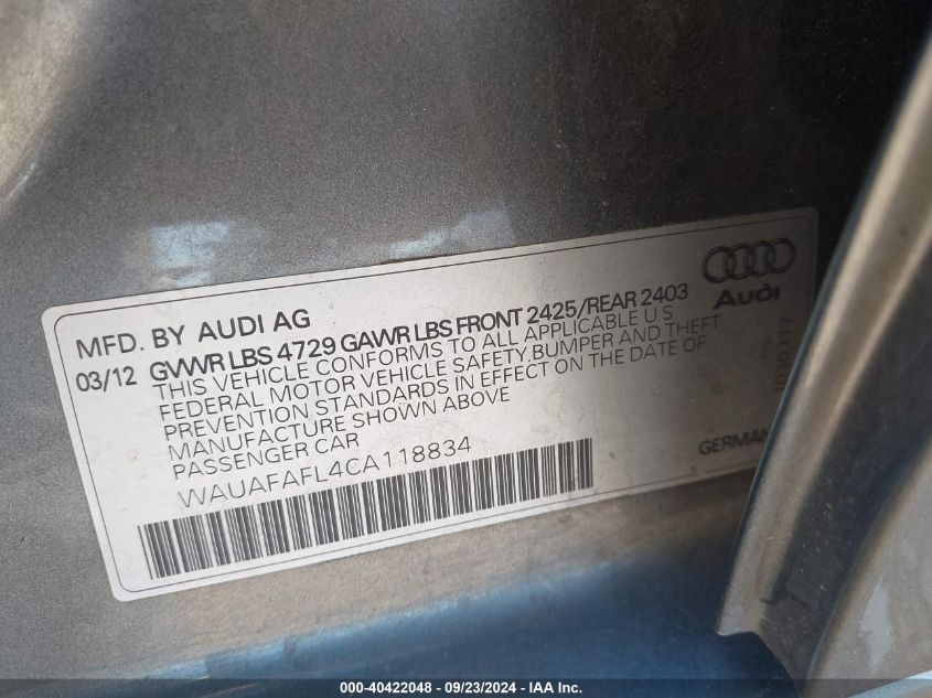 2012 Audi A4 2.0T Premium VIN: WAUAFAFL4CA118834 Lot: 40422048