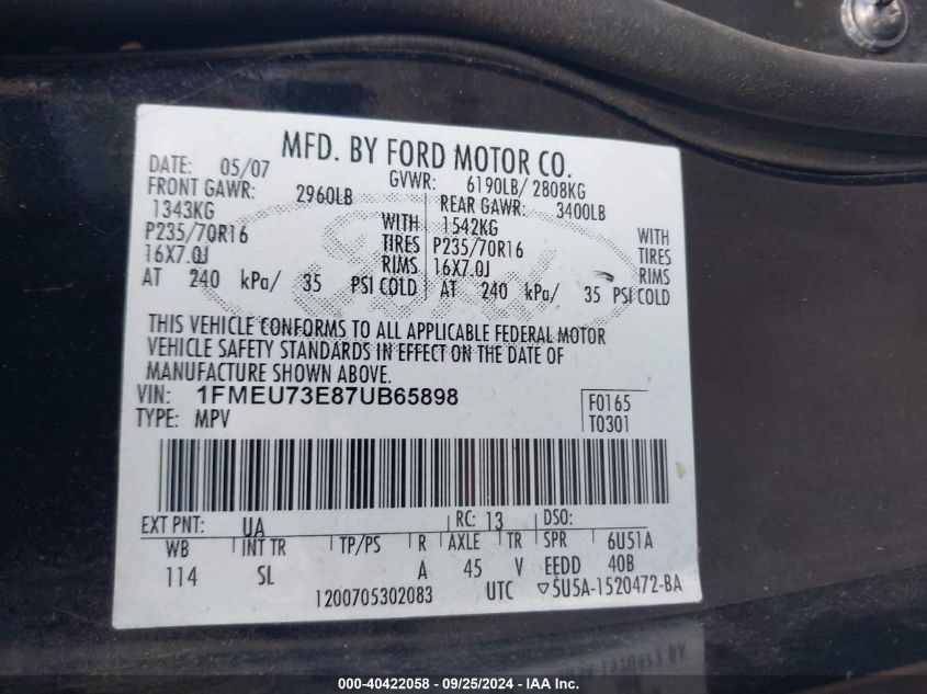 1FMEU73E87UB65898 2007 Ford Explorer Xlt