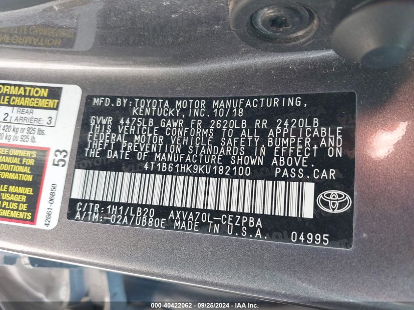 4T1B61HK9KU182100 2019 Toyota Camry Xse