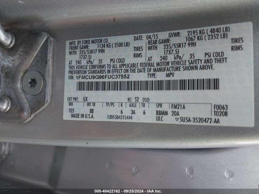 1FMCU9G96FUC37552 2015 Ford Escape Se