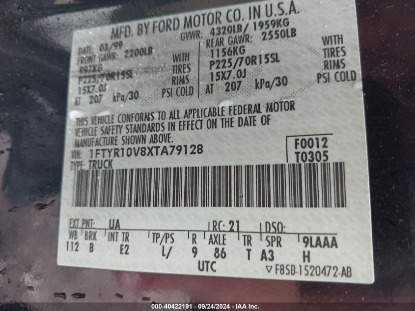 1FTYR10V8XTA79128 1999 Ford Ranger Xl/Xlt