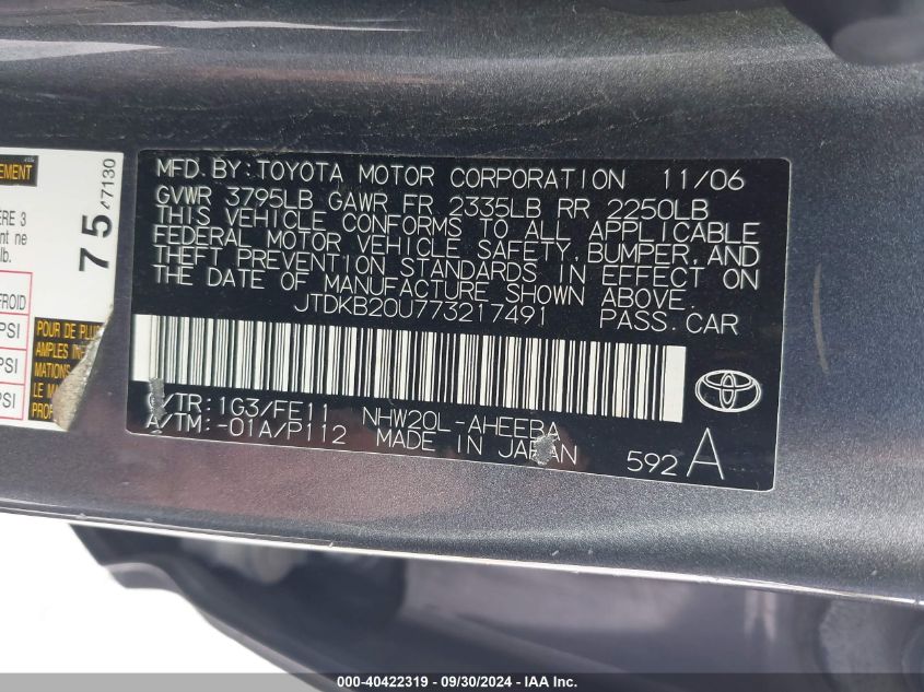 2007 Toyota Prius VIN: JTDKB20U773217491 Lot: 40422319