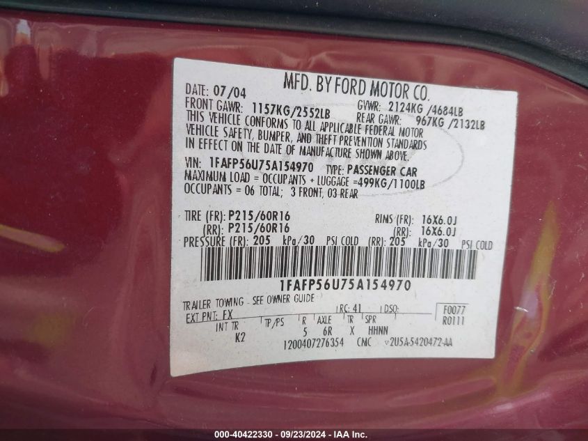 1FAFP56U75A154970 2005 Ford Taurus Sel