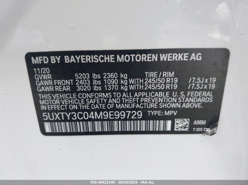 2021 BMW X3 Sdrive30I VIN: 5UXTY3C04M9E99729 Lot: 40422340