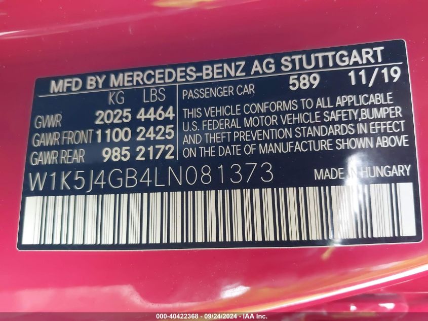 W1K5J4GB4LN081373 2020 Mercedes-Benz Cla 250 250