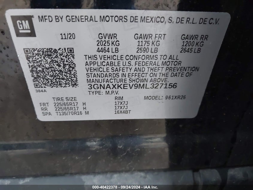 3GNAXKEV9ML327156 2021 Chevrolet Equinox Lt