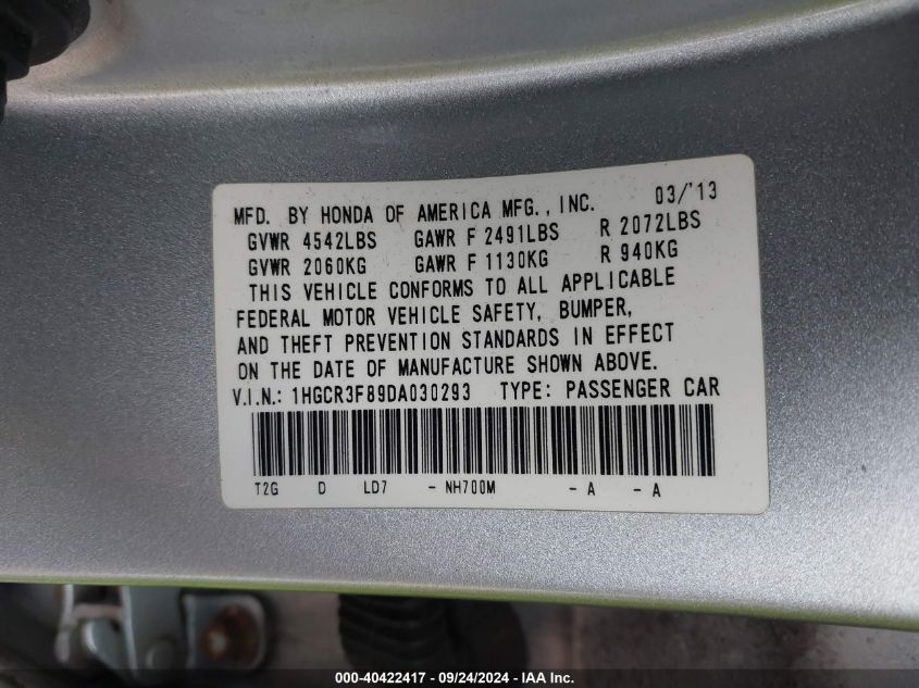 VIN 1HGCR3F89DA030293 2013 Honda Accord, Ex-L V-6 no.9