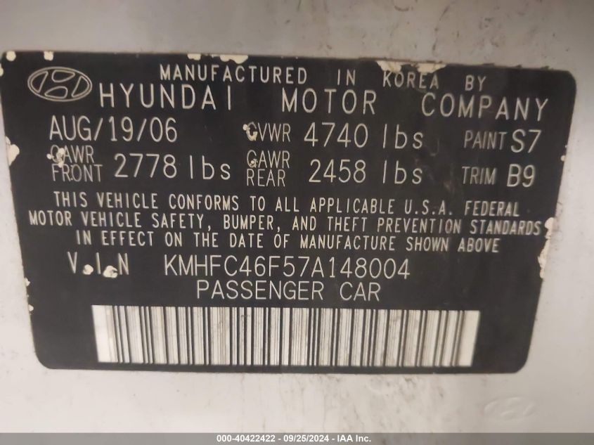 KMHFC46F57A148004 2007 Hyundai Azera Limited/Se