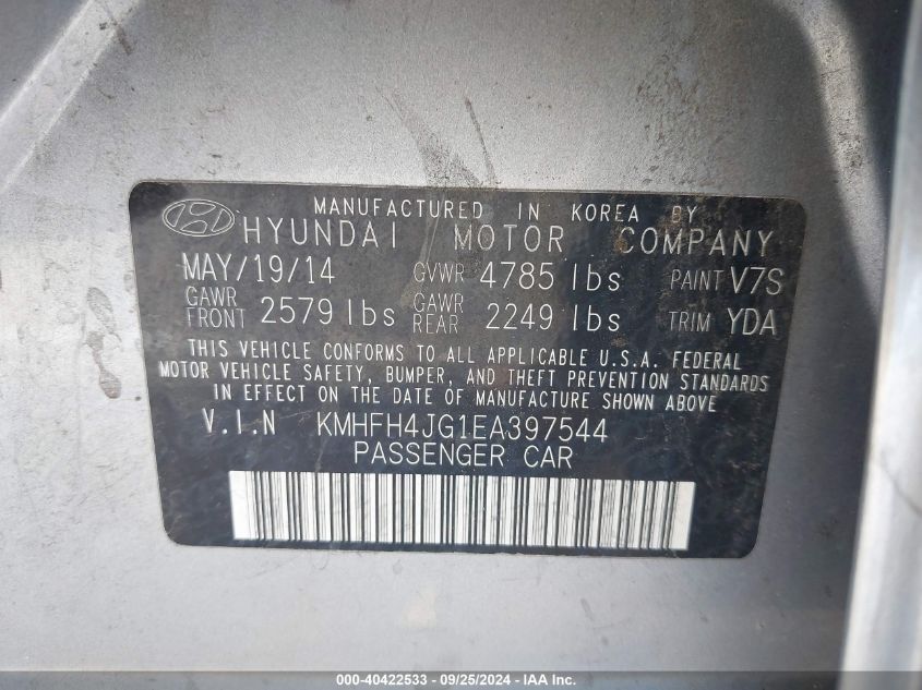 KMHFH4JG1EA397544 2014 Hyundai Azera Limited