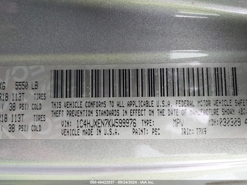 1C4HJXEN7KW599976 2019 Jeep Wrangler Unlimited Sahara 4X4