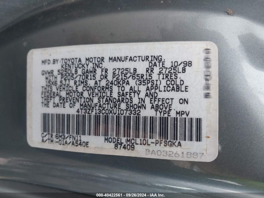 4T3ZF13C0XU107332 1999 Toyota Sienna Le/Xle