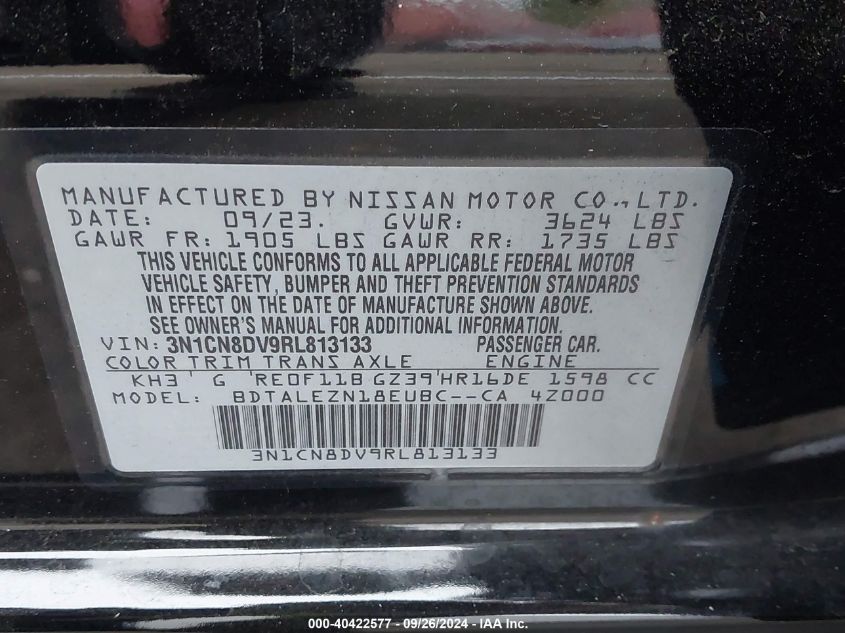 2024 Nissan Versa 1.6 S VIN: 3N1CN8DV9RL813133 Lot: 40422577