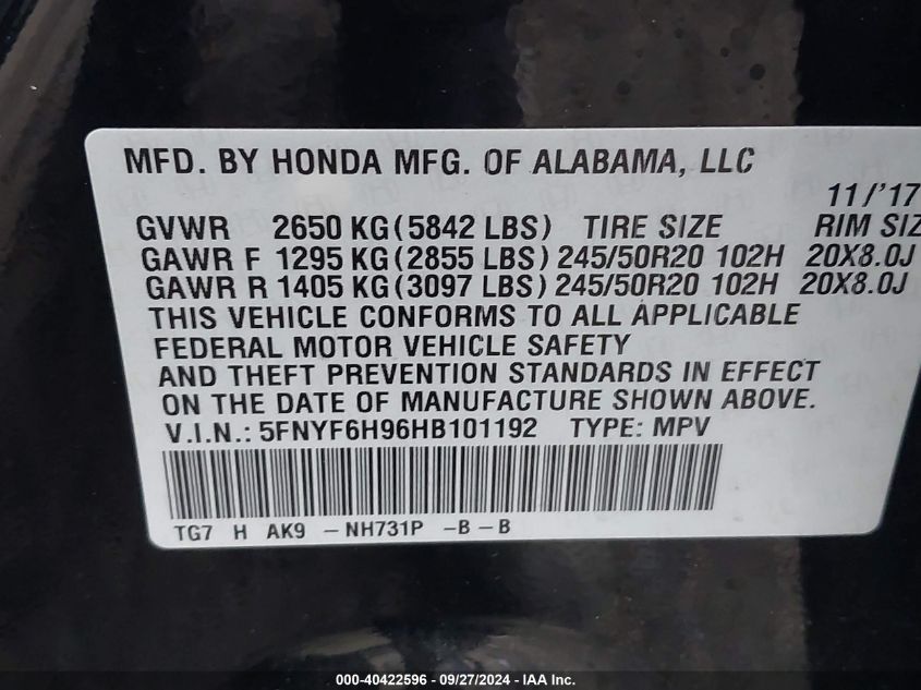 5FNYF6H96HB101192 2017 Honda Pilot Touring