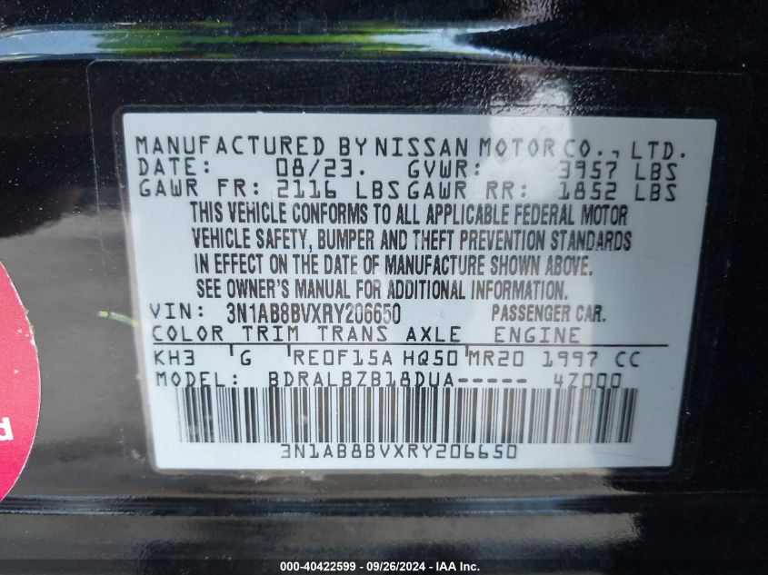 2024 Nissan Sentra S Xtronic Cvt VIN: 3N1AB8BVXRY206650 Lot: 40422599