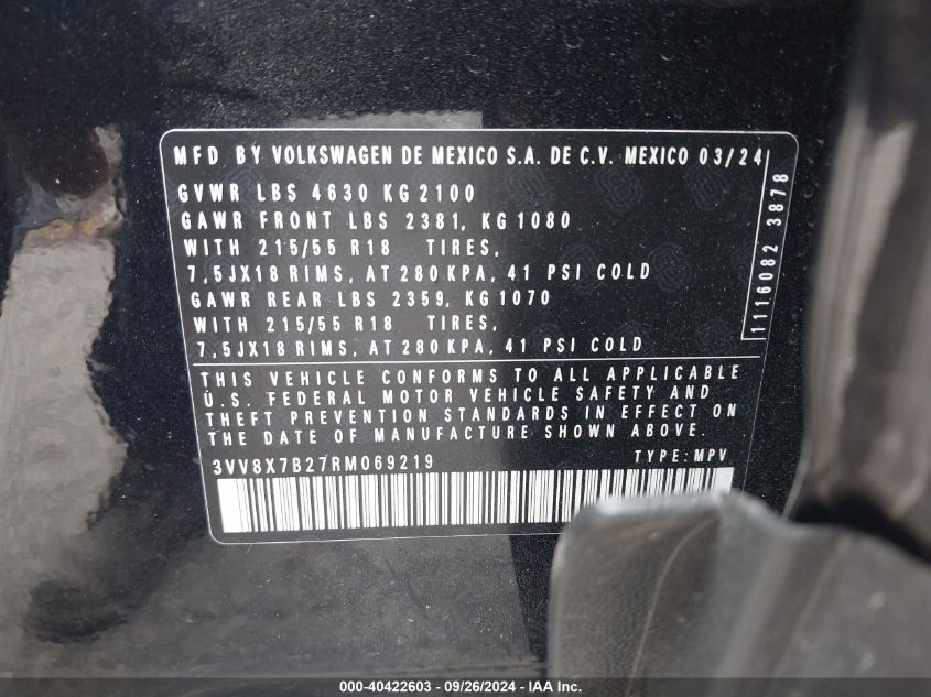 2024 Volkswagen Taos 1.5T S VIN: 3VV8X7B27RM069219 Lot: 40422603