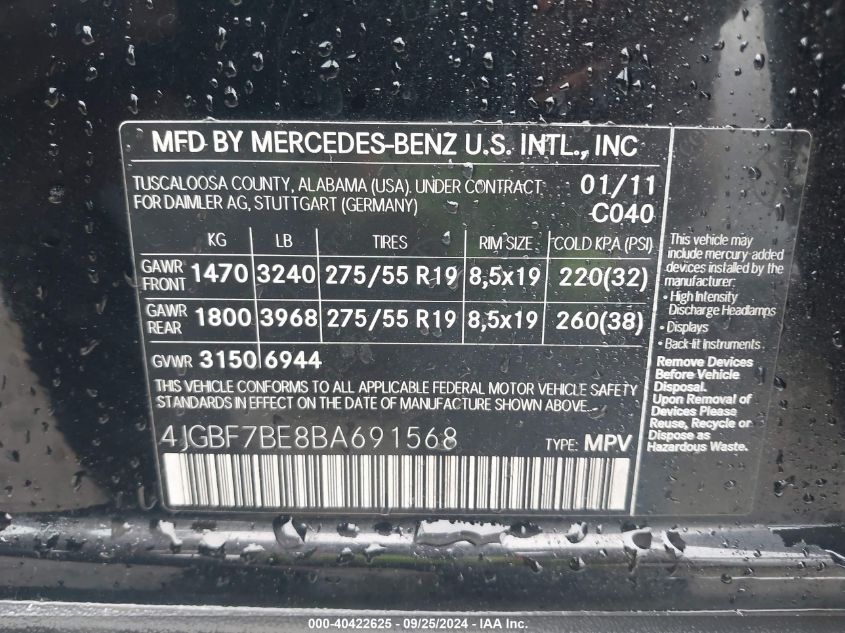 4JGBF7BE8BA691568 2011 Mercedes-Benz Gl 450 4Matic