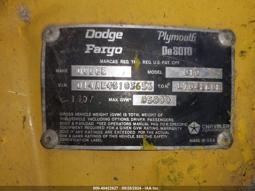 D14AE4S103656 1974 Dodge D100