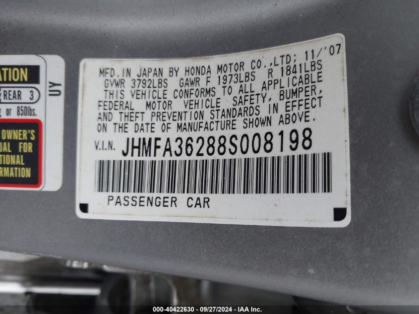 JHMFA36288S008198 2008 Honda Civic Hybrid