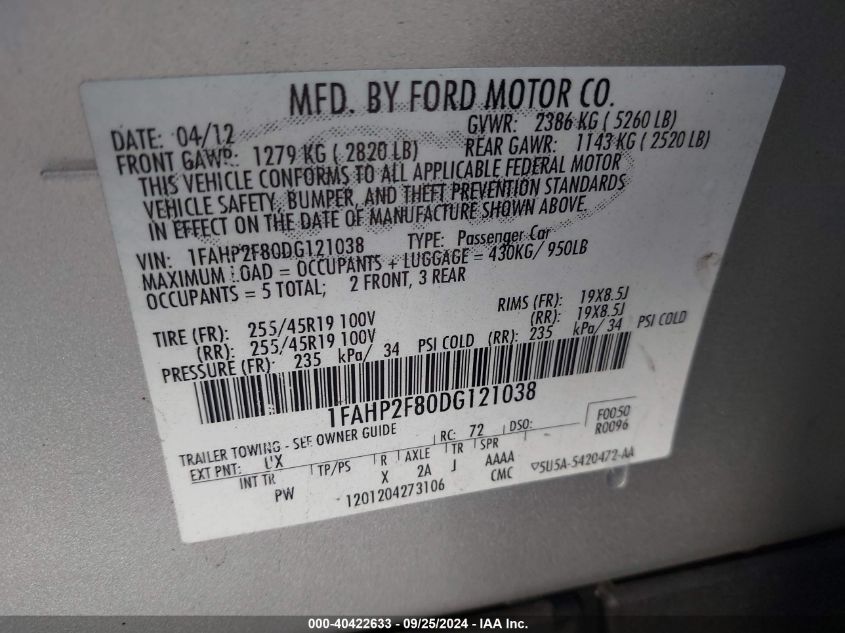 1FAHP2F80DG121038 2013 Ford Taurus Limited