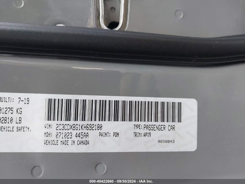 VIN 2C3CDXBG1KH692180 2019 DODGE CHARGER SXT RWD