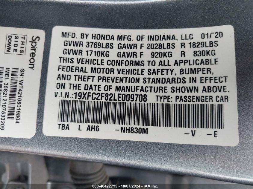 2020 Honda Civic Sport VIN: 19XFC2F82LE009708 Lot: 40422715