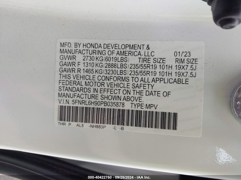 2023 Honda Odyssey Elite VIN: 5FNRL6H90PB035878 Lot: 40422760