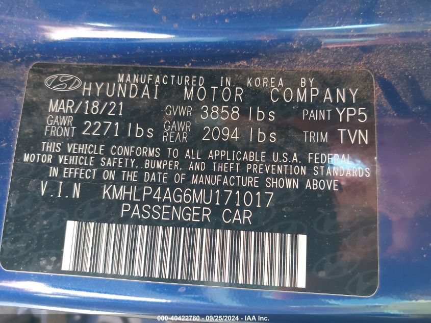 2021 Hyundai Elantra Limited VIN: KMHLP4AG6MU171017 Lot: 40422780