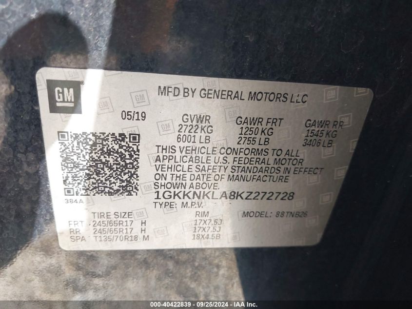 1GKKNKLA8KZ272728 2019 GMC Acadia Sle-1