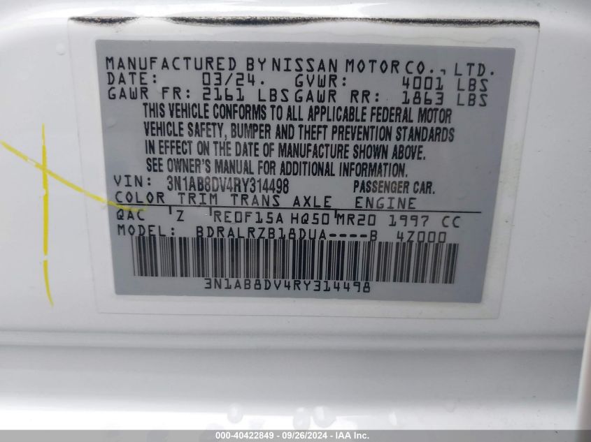 2024 Nissan Sentra Sr Xtronic Cvt VIN: 3N1AB8DV4RY314498 Lot: 40422849