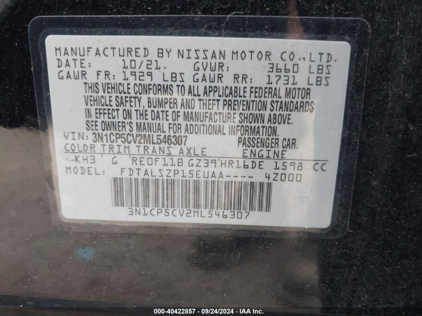 3N1CP5CV2ML546307 2021 Nissan Kicks Sv