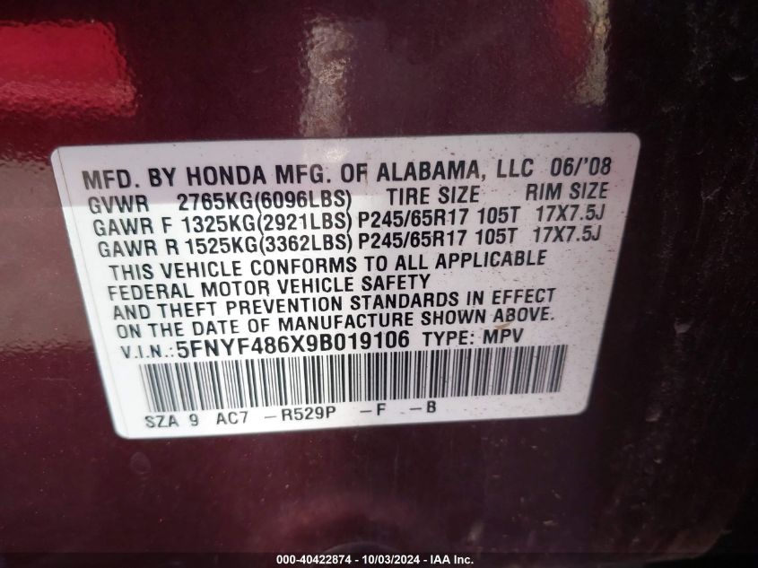 5FNYF486X9B019106 2009 Honda Pilot Ex-L