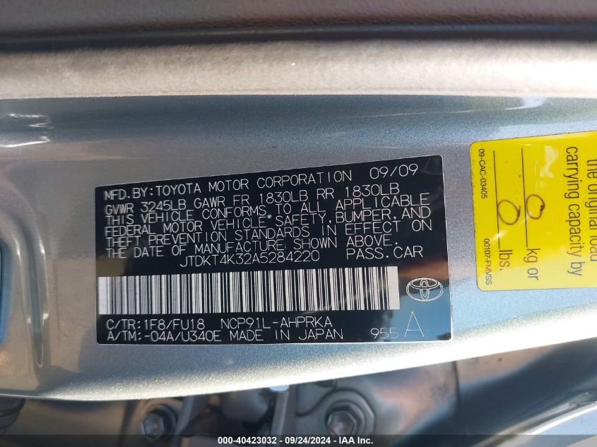 2010 Toyota Yaris VIN: JTDKT4K32A5284220 Lot: 40423032