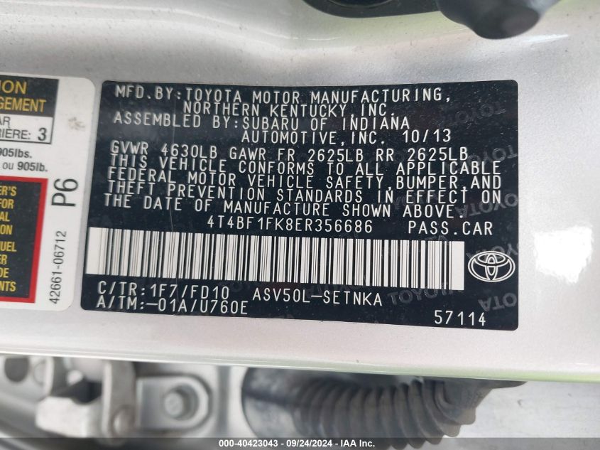 2014 Toyota Camry Le VIN: 4T4BF1FK8ER356686 Lot: 40423043