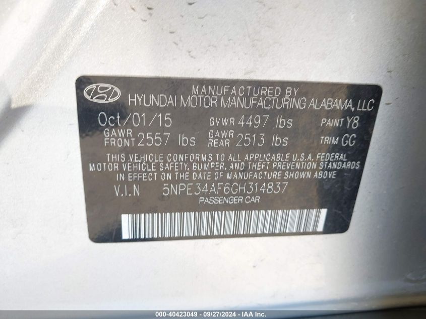 5NPE34AF6GH314837 2016 Hyundai Sonata Limited