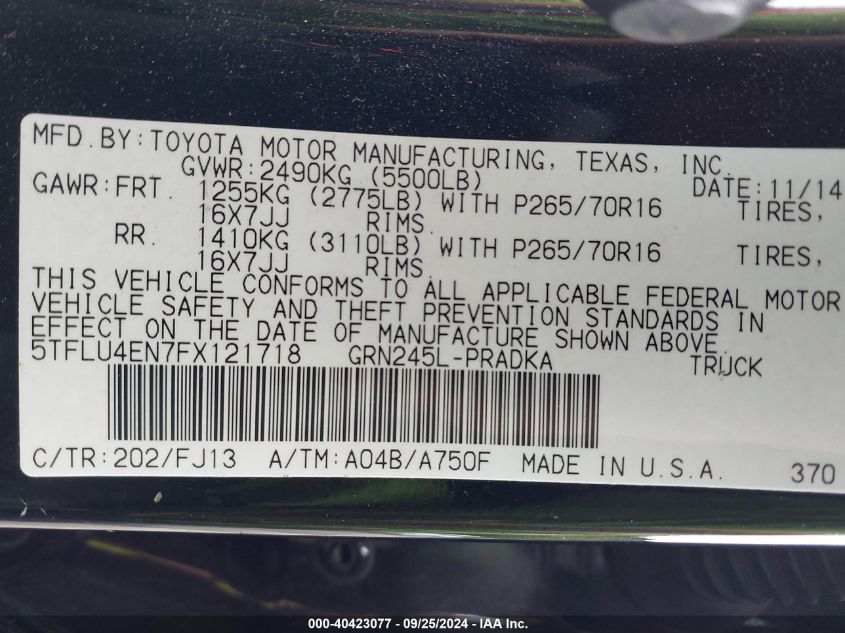 5TFLU4EN7FX121718 2015 Toyota Tacoma Base V6