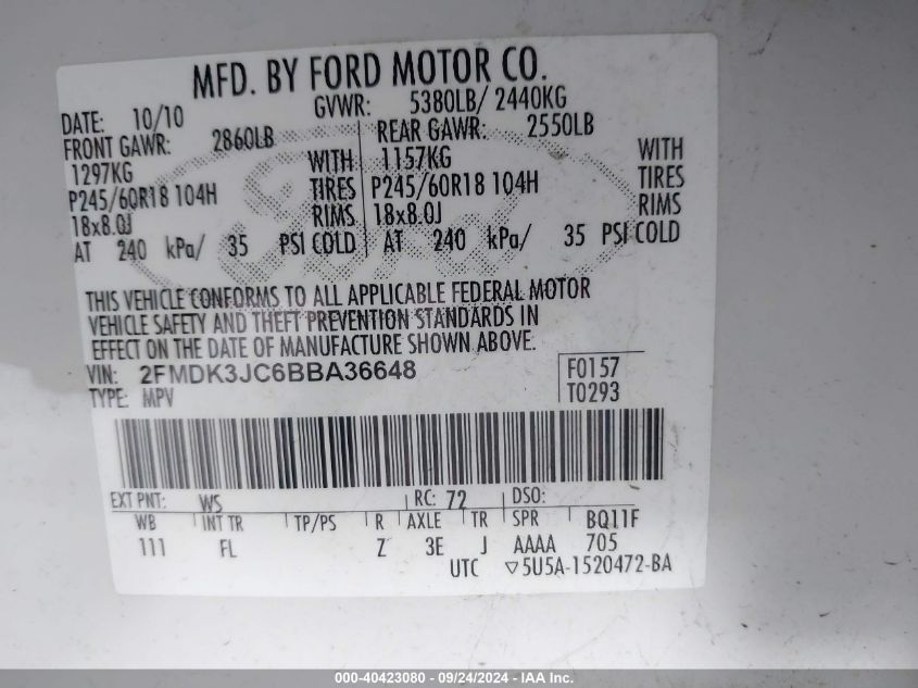 2011 Ford Edge Sel VIN: 2FMDK3JC6BBA36648 Lot: 40423080