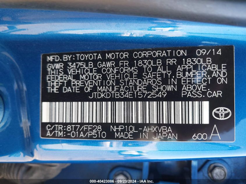 JTDKDTB34E1572549 2014 Toyota Prius C Two