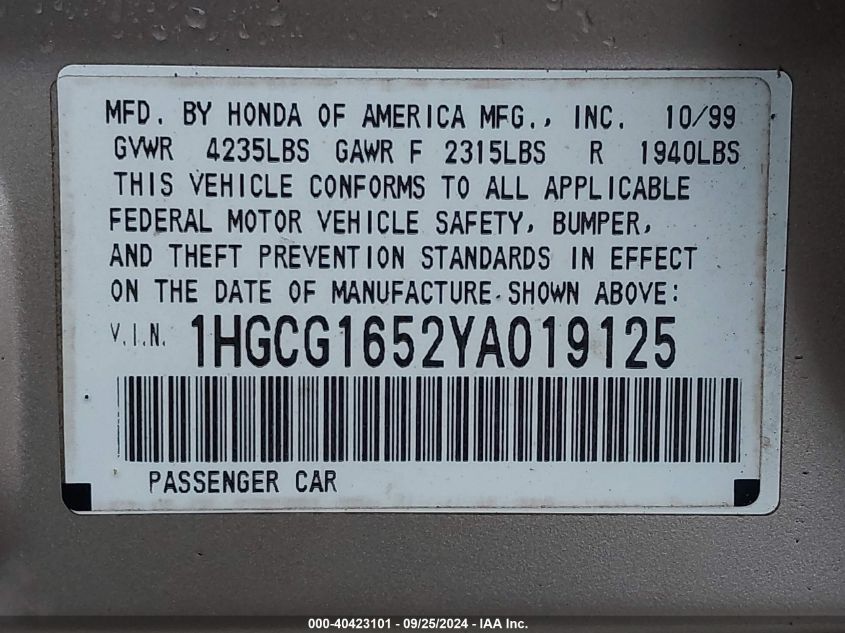 1HGCG1652YA019125 2000 Honda Accord 3.0 Ex