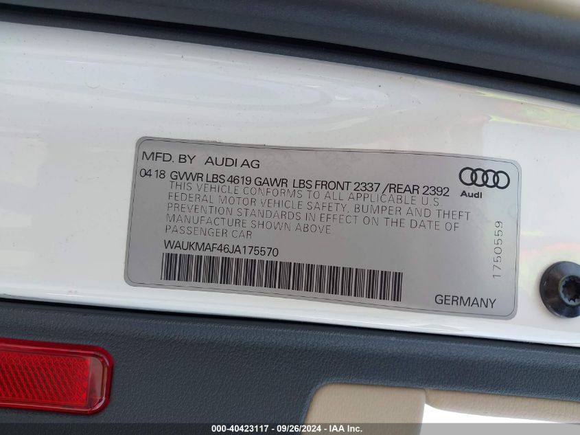 WAUKMAF46JA175570 2018 Audi A4 Premium