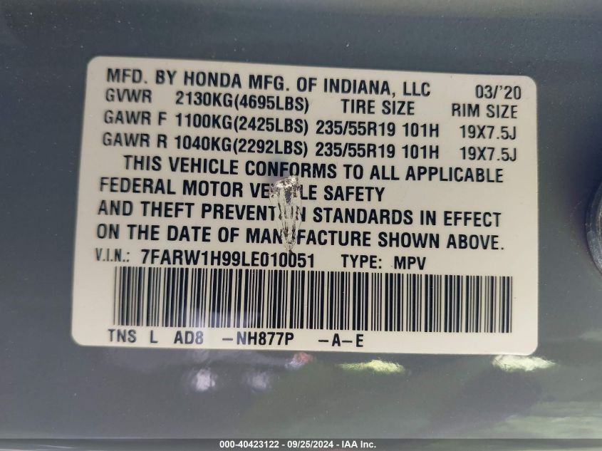 2020 Honda Cr-V 2Wd Touring VIN: 7FARW1H99LE010051 Lot: 40423122