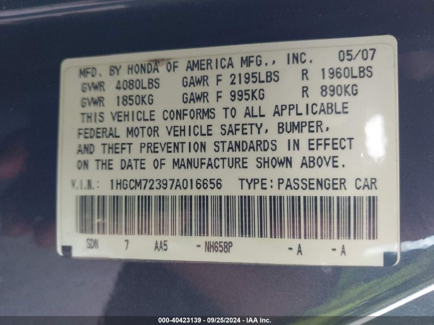 1HGCM72397A016656 2007 Honda Accord 2.4 Lx