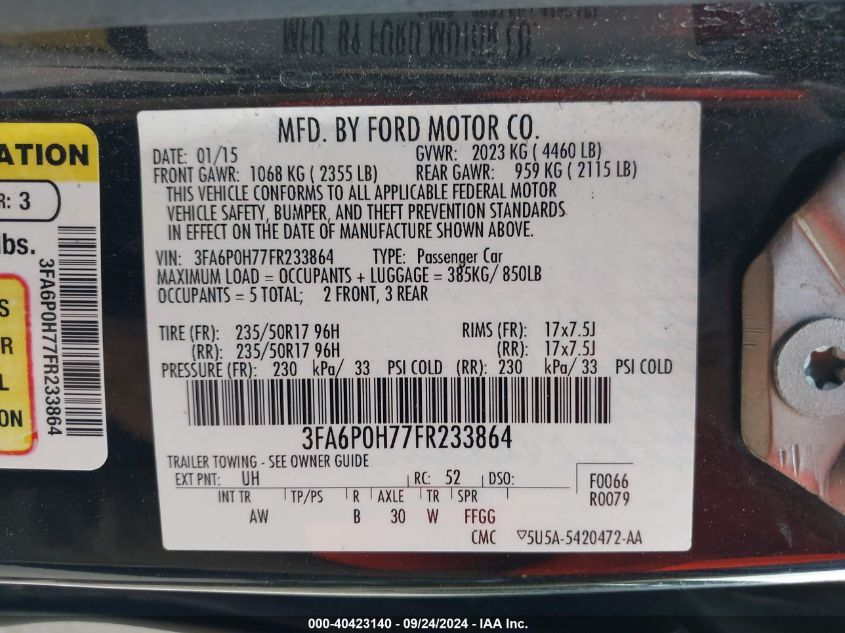 2015 Ford Fusion Se VIN: 3FA6P0H77FR233864 Lot: 40423140