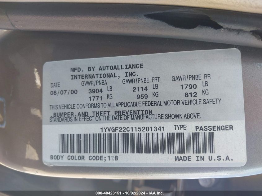 1YVGF22C115201341 2001 Mazda 626 Es/Lx