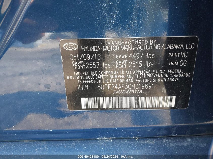 5NPE24AF3GH319691 2016 Hyundai Sonata Se