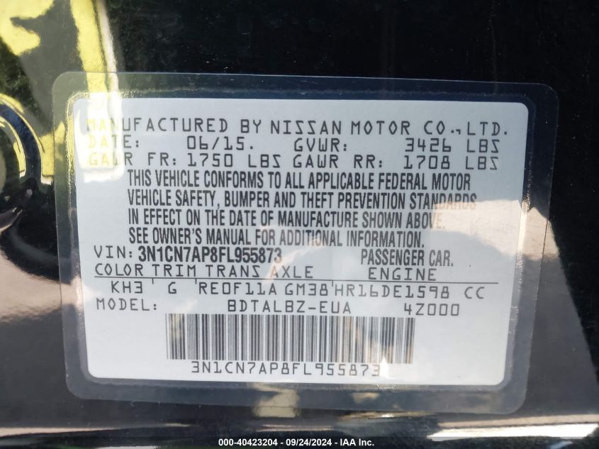 2015 Nissan Versa 1.6 Sv VIN: 3N1CN7AP8FL955873 Lot: 40423204