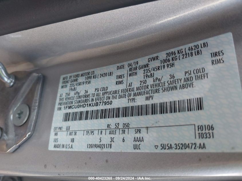 1FMCU0HD1KUB77950 2019 Ford Escape Sel