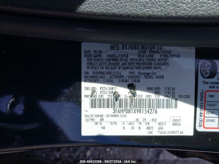 2009 Ford Fusion Sel VIN: 3FAHP081X9R154276 Lot: 40423269