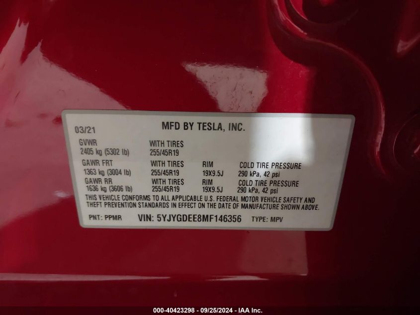 2021 Tesla Model Y Long Range Dual Motor All-Wheel Drive VIN: 5YJYGDEE8MF146356 Lot: 40423298